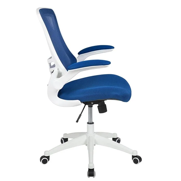 Offex Mid Back Mesh Swivel Ergonomic Task Office Chair with White Frame and Flip Up Arms - Blue