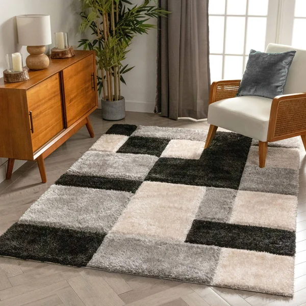 Well Woven San Francisco Escondido Black Modern Geometric Squares 5'3 inch x 7'3 inch Shag 3D Textured Area Rug