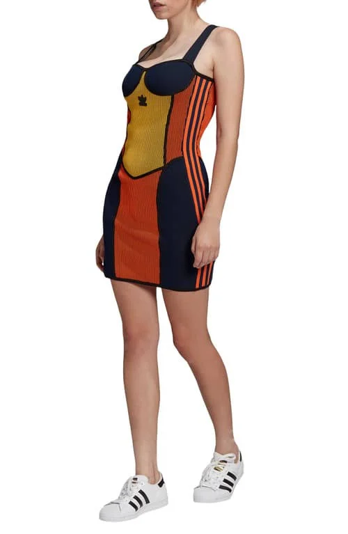 Adidas Womens Knit Corset Dress - Gold/Orange/Navy Size S