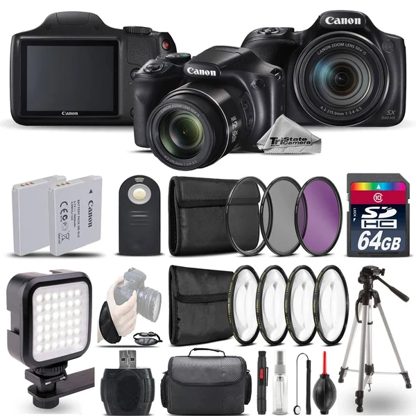 Canon PowerShot Sx540 HS Digital Camera+ LED + 7pc Filter + EXT Bat - 64GB Kit, Black