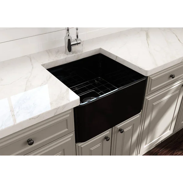 BOCCHI Classico Farmhouse Apron Front Fireclay 20x22 Single Bowl Kitchen Sink with Protective Bottom Grid and Strainer, Black