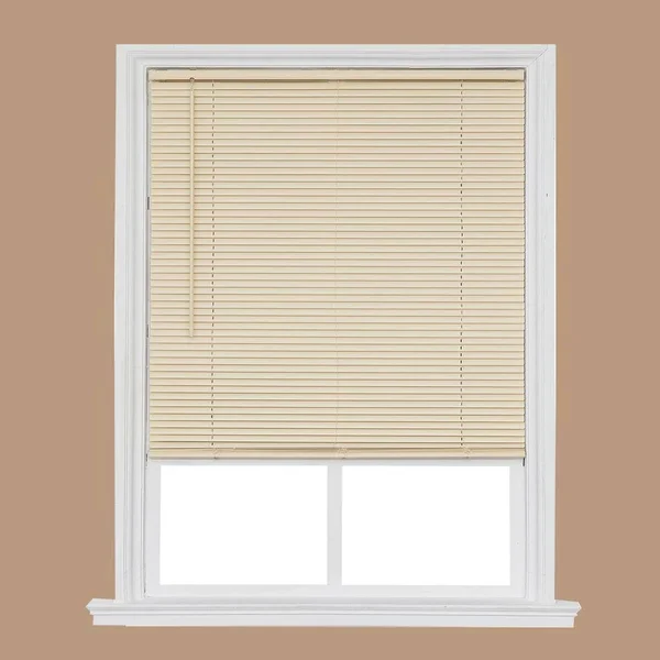 Project Source 1-in Slat Width 23.25-in x 64-in Cordless Ivory Vinyl Room Darkening Mini Blinds in Off-White, CCDDX2464-23.25
