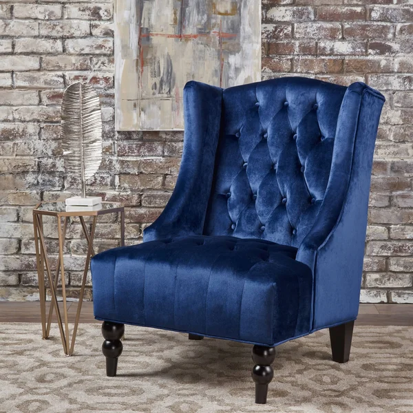 Talisa Winged High-Back Tufted New Velvet Club Chair (Navy Blue)
