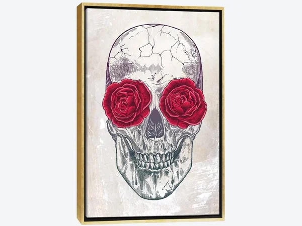 Framed Canvas Art (Gold Floating Frame) - Skull & Roses by Rachel Caldwell ( fantasy, Horror & sci-fi > Horror >