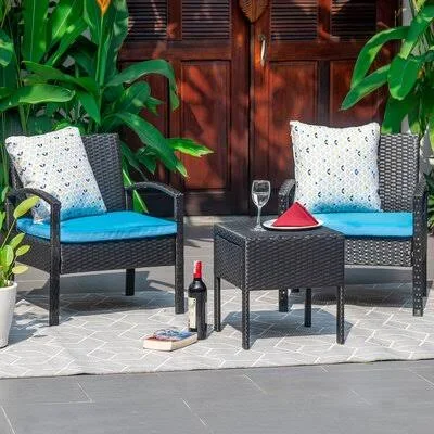 Cudney 3 Piece Patio Furniture Set - PE Wicker Rattan Outdoor Sofa Lark Manor Cushion Color: Blue