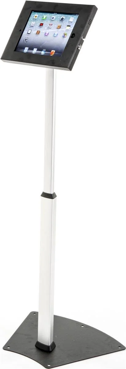 Height Adjustable Tablet Floor Stand - Tilting Enclosure, Holes in Base for Bolting to Floor (Black & Silver) (IPDLMSSVL3)