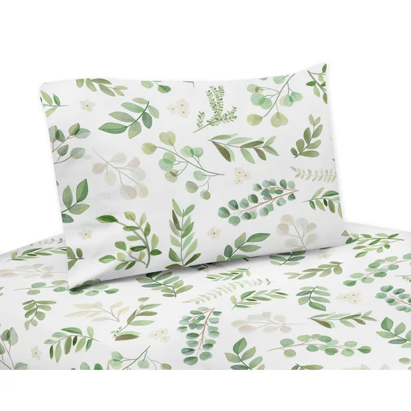 Sweet Jojo Designs Floral Leaf Queen Sheet Set - 4 Piece Set - Green and White Boho Watercolor Botanical Woodland Tropical Garde
