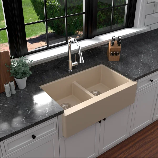 Karran Quartz Farmhouse Apron Front 34-in x 21.25-in White Double Equal Bowl Kitchen Sink, QA-750-WH-PK1