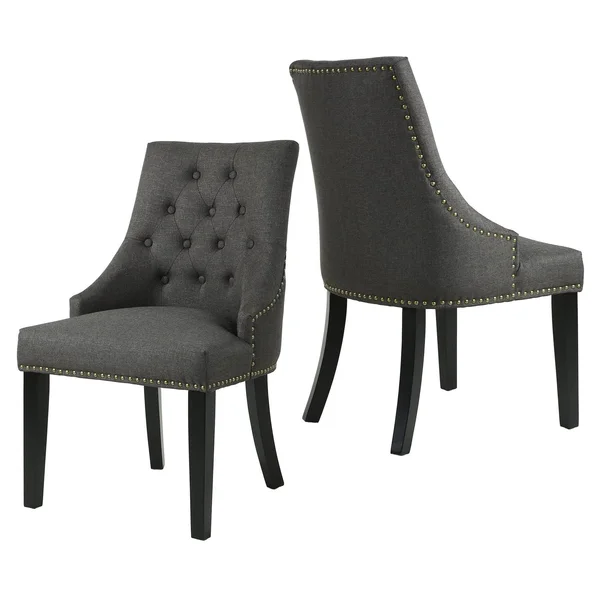 LSSBOUGHT Set of 2 Fabric Dining Chairs Leisure Padded Chairs with Black Solid Wooden Legs, Nailed Trim, Charcoal
