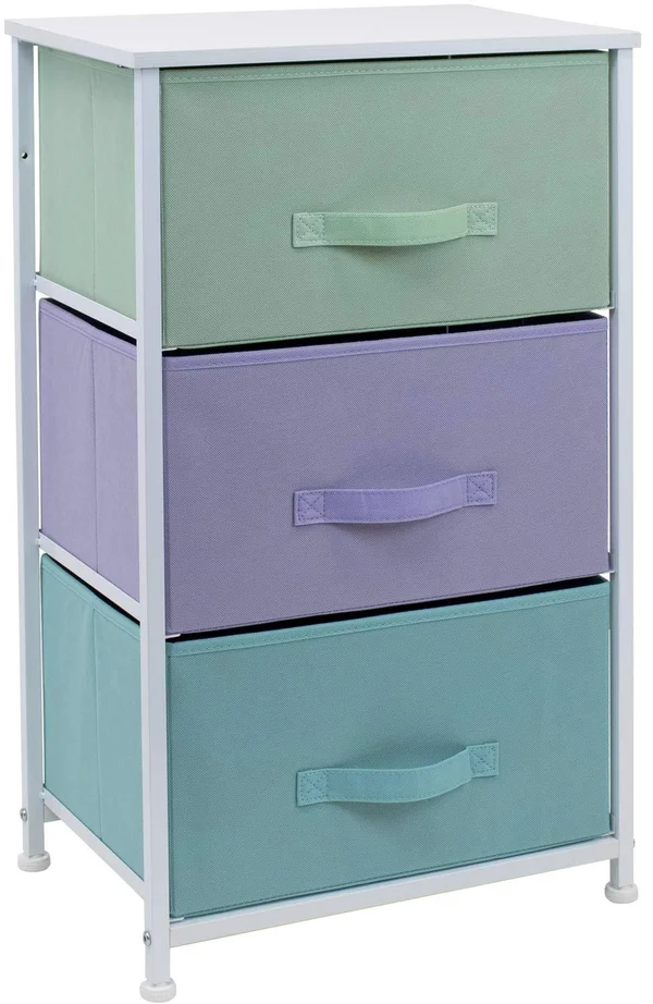 Nightstand with 3 Drawers - Bedside Furniture, Steel Frame, Wood Top, Easy Pull Fabric Bins, Pastel/white
