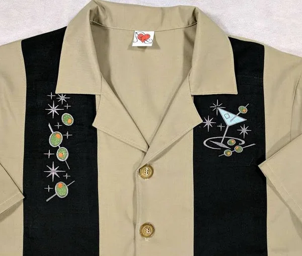 Mens Bowling Shirt - Cocktail, Martini, Lounge Lizard, Retro, Rockabilly, Embroidered