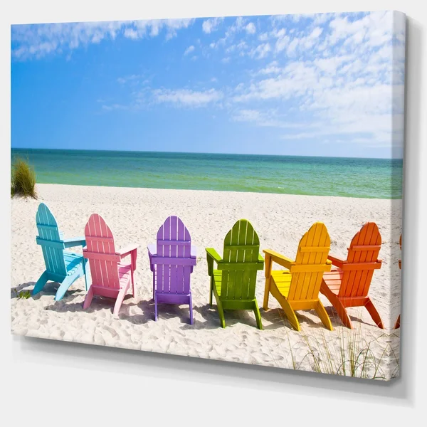 Designart &Adirondack Beach Chairs & Seashore Photo Canvas Art Print, Size: 40 inch x 20 inch, Blue