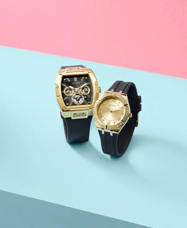 Guess Men's Black and Gold-Tone Square Multifunction Watch - Black