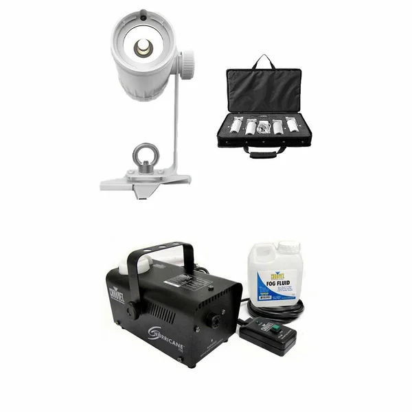 Chauvet DJ EZ Pin 4 Pack LED Spot Stage Lighting + Hurricane Pro Fog Machine - White
