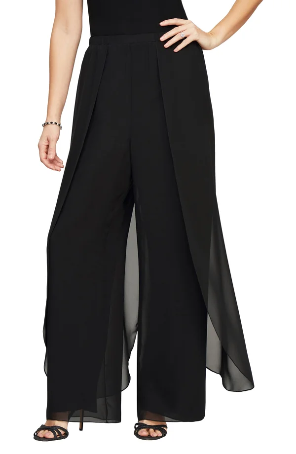 Alex Evenings Chiffon Overlay Straight Leg Pants - Black - Large