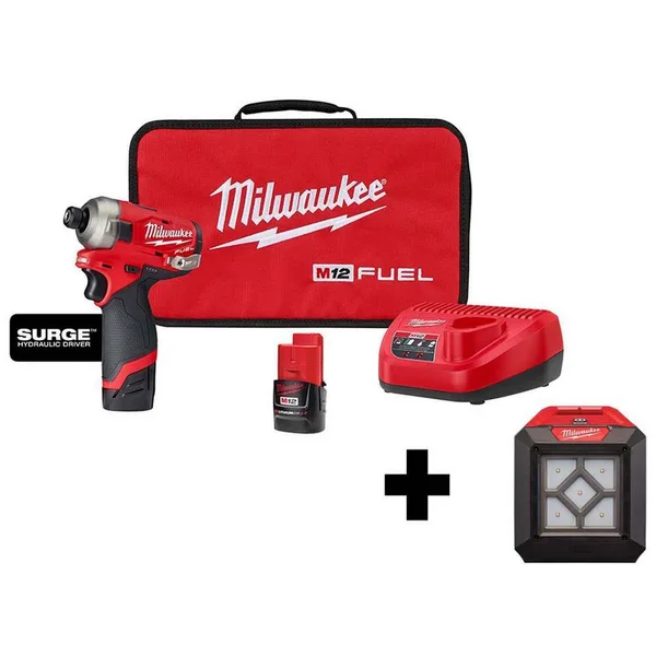 Milwaukee M12 Fuel Surge 12-Volt Lithium-Ion Brushless Cordless 1/4 in. Hex Impact Driver Compact Kit with M12 Flood Light HI9E0