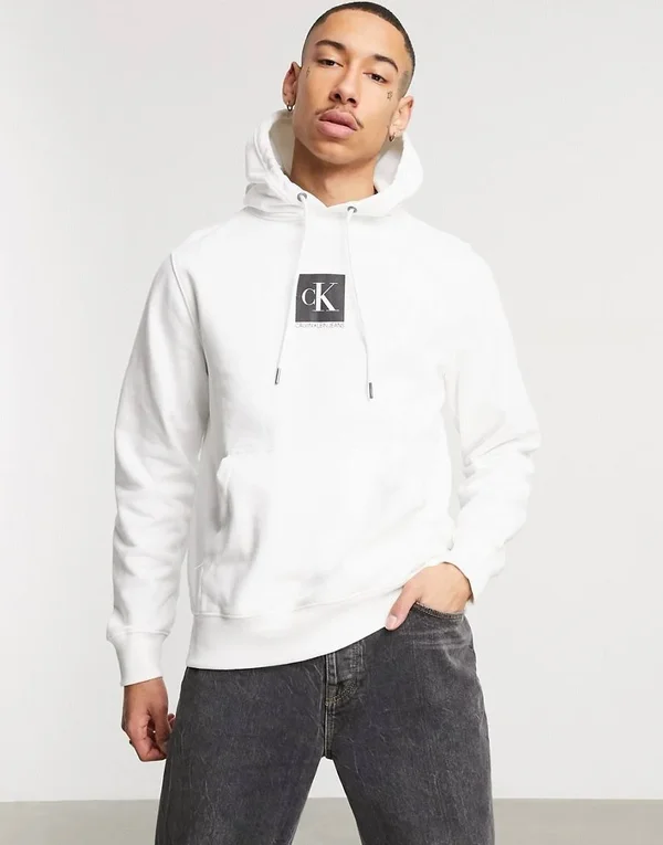 Calvin Klein Jeans Front Box Logo Hoodie in White