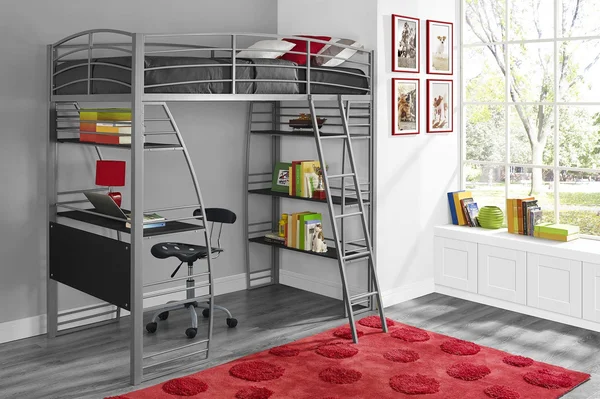 DHP Studio Metal Loft Bed with Desk and Shelves, Silver/Gray, Twin