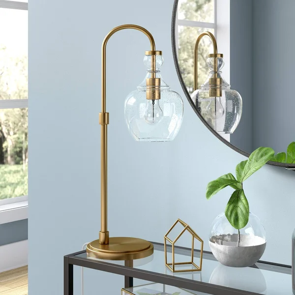 Verona Arc Table Lamp - Brushed Brass with Seeded Glass Shade