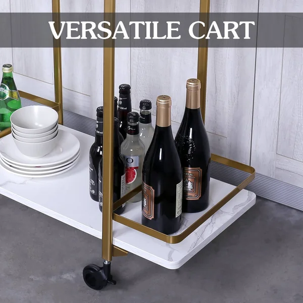 2 Tier Bar Cart with Black Wheels - Golden