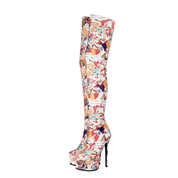 Multicolor Patterns Platform Stietto Heel Over The Knee Boots Size 8