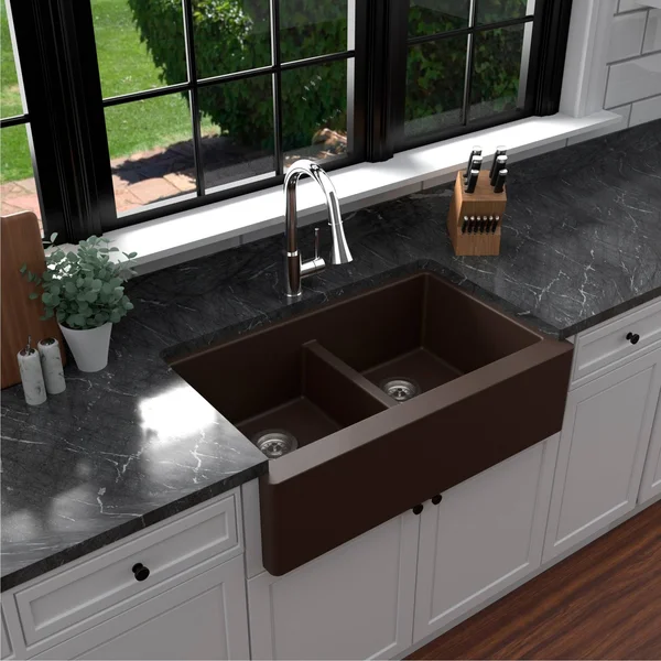 Karran Quartz Farmhouse Apron Front 34-in x 21.25-in White Double Equal Bowl Kitchen Sink, QA-750-WH-PK1