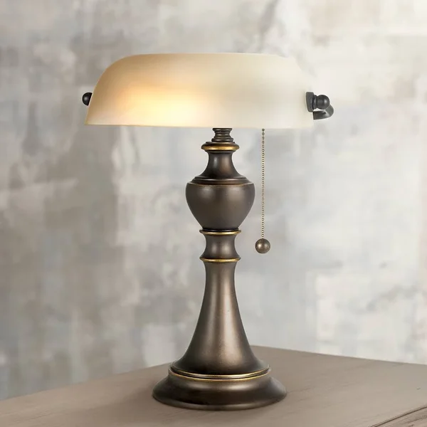 Regency Hill Traditional Piano Banker Table Lamp 16x22 High Antique Bronze Metal Alabaster Glass Shade for Office Table