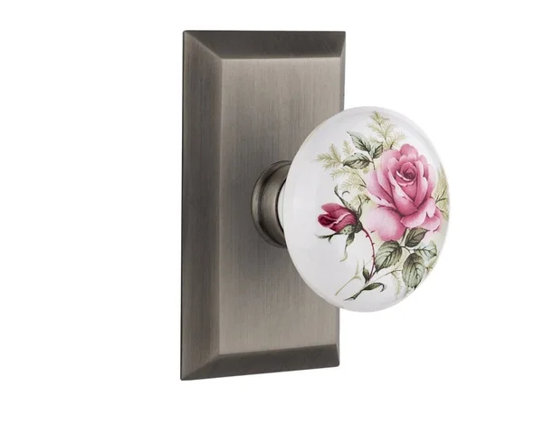 Nostalgic Warehouse 713264 Studio Plate Passage White Rose Porcelain Door Knob - Antique Pewter