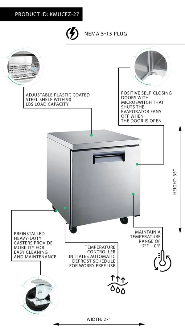 Undercounter Freezer 27x22 Double Door - 6 Cu ft Kitchen Monkey KMUCFZ-27