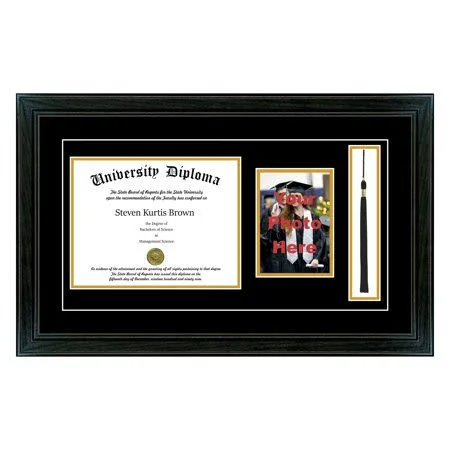 Perfect Cases and Frames Single Diploma Frame with 5x7 Photo - Tassel and Double Matting for 15x22 x 12x22 Tall Diploma with Blac