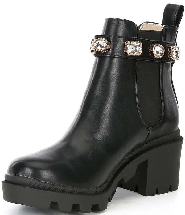 Steve Madden Amulet Jewel Embellished Lug Sole Block Heel Combat Booties, Womens, 6M, White