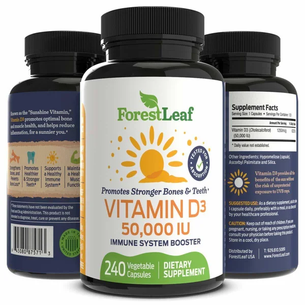 Vitamin D3 50 - 000 IU Weekly Supplement - 240 Vegetable Capsules - for Bones, Teeth, Immune System and Muscle Function - by Fores