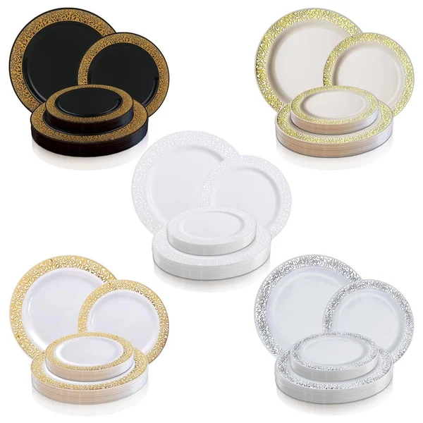 Shiny Lace Rim Disposable Plastic Plate Packs - Party Supplies (Black with Gold Rim - 120pcs - Salad Plates)