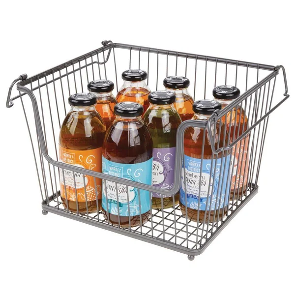mDesign Modern Stackable Metal Storage Organizer Bin Basket with Handles, Open Front for Kitchen Cabinets, Pantry, Closets, Bed