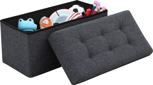 Ornavo Home Foldable Tufted Linen Large Storage Ottoman Bench Foot Rest Stool/Seat - 15 x 30 x 15 (Black) - 15 x 15 x 15