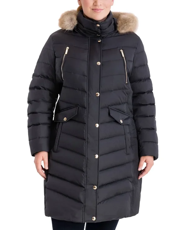 Michael Michael Kors Plus Size Faux-Fur-Trim Hooded Puffer Coat - Black