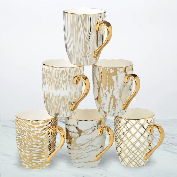 Certified International Matrix 6-Pc. Gold Plated Mugs - White/gold