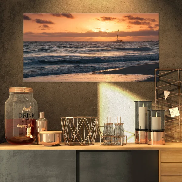 Designart 'Colorful Sunrise Over Atlantic Ocean' Beach Photo Canvas Print - 32 in. Wide x 16 in. High