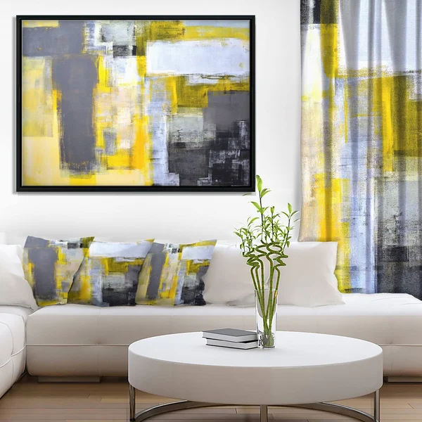 Designart Grey and Yellow Blur Abstract- Abstract Framed Canvas Art Print in Gold - FL6269-46-36-GD