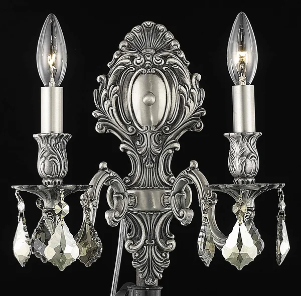 Elegant Lighting 9602W10PW-GT/RC Monarch 2 Light Pewter Wall Sconce Golden Teak (Smoky) Royal Cut Crystal