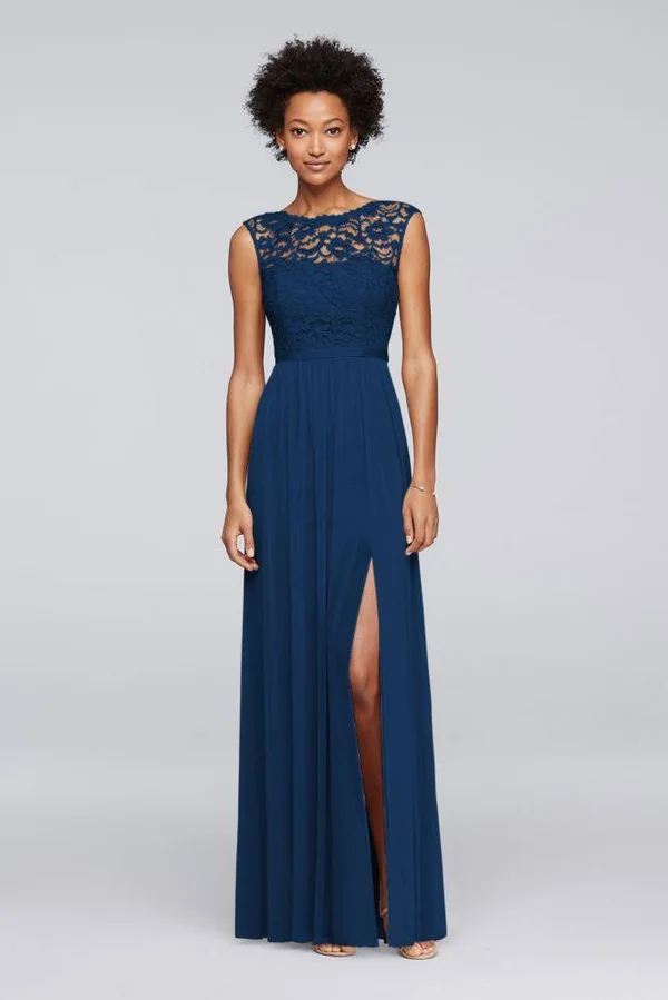 David&s Bridal Long Bridesmaid Dress with Lace Bodice - Marine (Blue), 30
