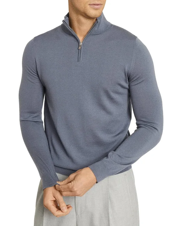 Reiss Blackhall - Merino Wool Zip Neck Jumper in Soft Grey Mouline, Mens, Size XL