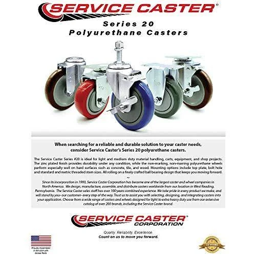 Polyurethane Swivel Threaded Stem Caster Set of 4 w/5 inch x 1.25 inch Red Wheels and 1/2 inch Stems - Includes 2 with Top Locki