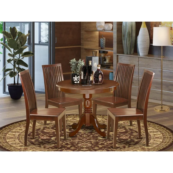East West Furniture Anip5-mah-w 5pc Round 36 inch Kitchen Table and 4 Wood Seat Dining Chairs