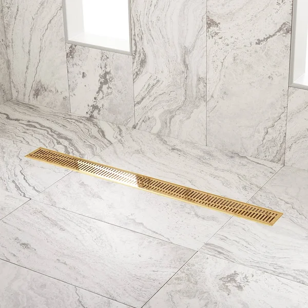 Signature Hardware 931289-32-F Rowland 32x22 Linear Shower Drain with Flange Polished Brass Shower Accessories Shower Drains Lin