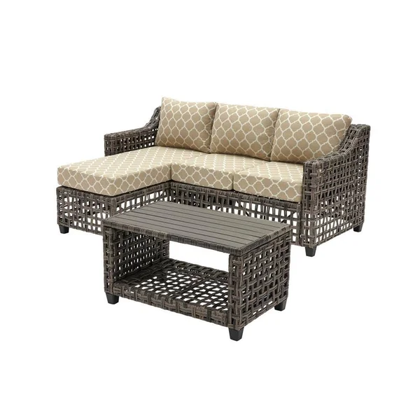 Hampton Bay Briar Ridge 3-Piece Brown Wicker Outdoor Patio Sectional Sofa with CushionGuard Toffee Trellis Tan Cushions