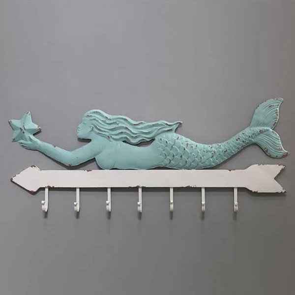 Creative Co-op Aqua & White Metal Mermaid Wall Decor with 7 Hooks