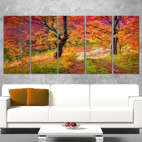 Designart &Bright Colorful Fall Trees in Forest& Large Landscape Art Canvas Print - Orange - 60 in. Wide x 32 in. High - 5 Panel