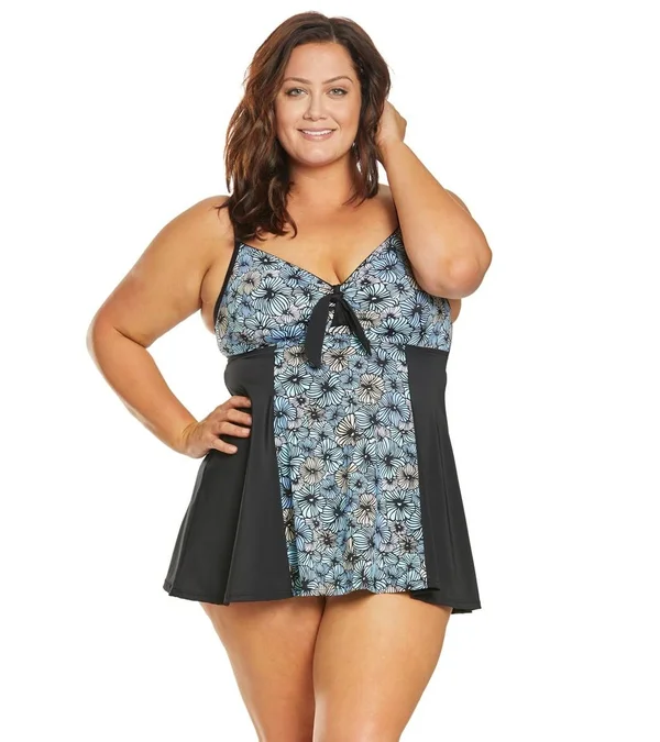 Fit 4 U Women's Plus Size Blocked Vintage Tie Front Swim Dress