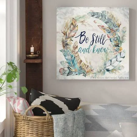 Bungalow Rose &Feather Wreath: Be Still and Know& Watercolor Painting Print on Wrapped Canvas, Size: 48 inch x 48 inch, Beige